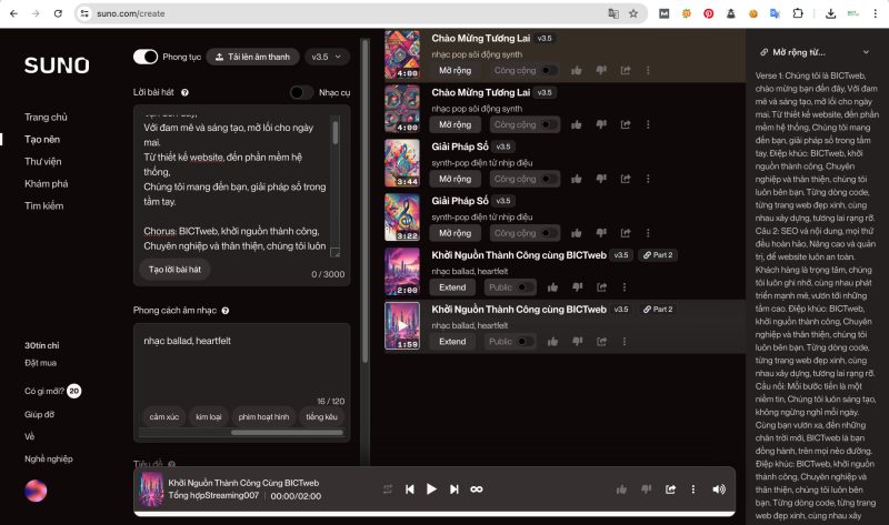AI Suno sáng tác bản nhạc